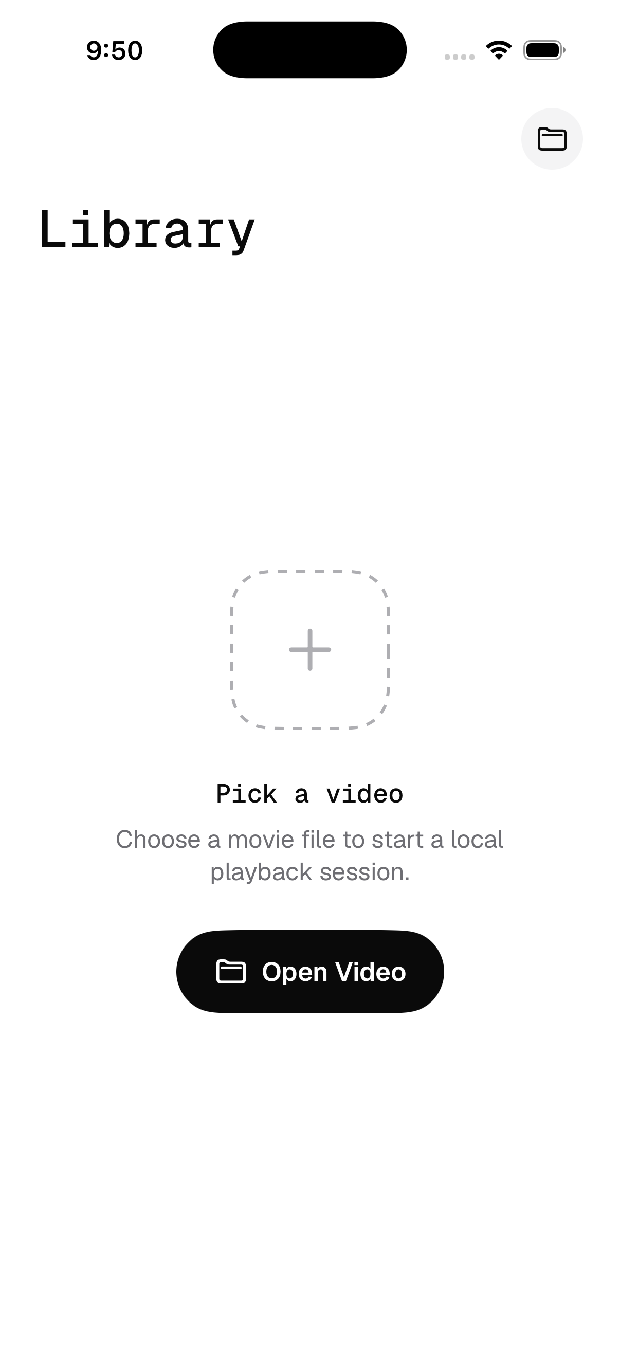 DropPlay&rsquo;s empty library inviting you to pick a video