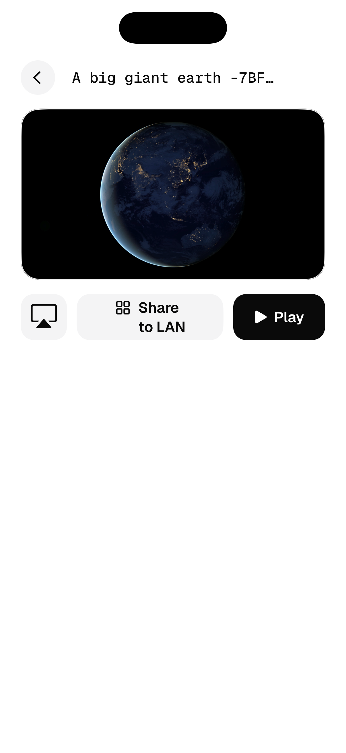 DropPlay playing a video of Earth from space with AirPlay, Share to LAN, and Play controls